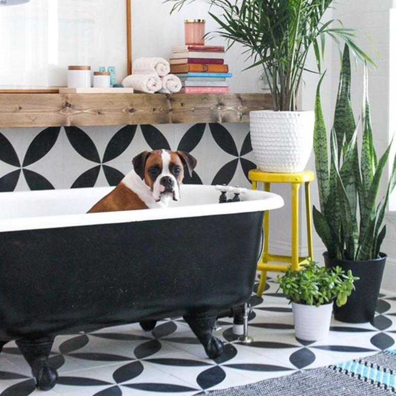 Large tiled circles behind a clawfoot tub