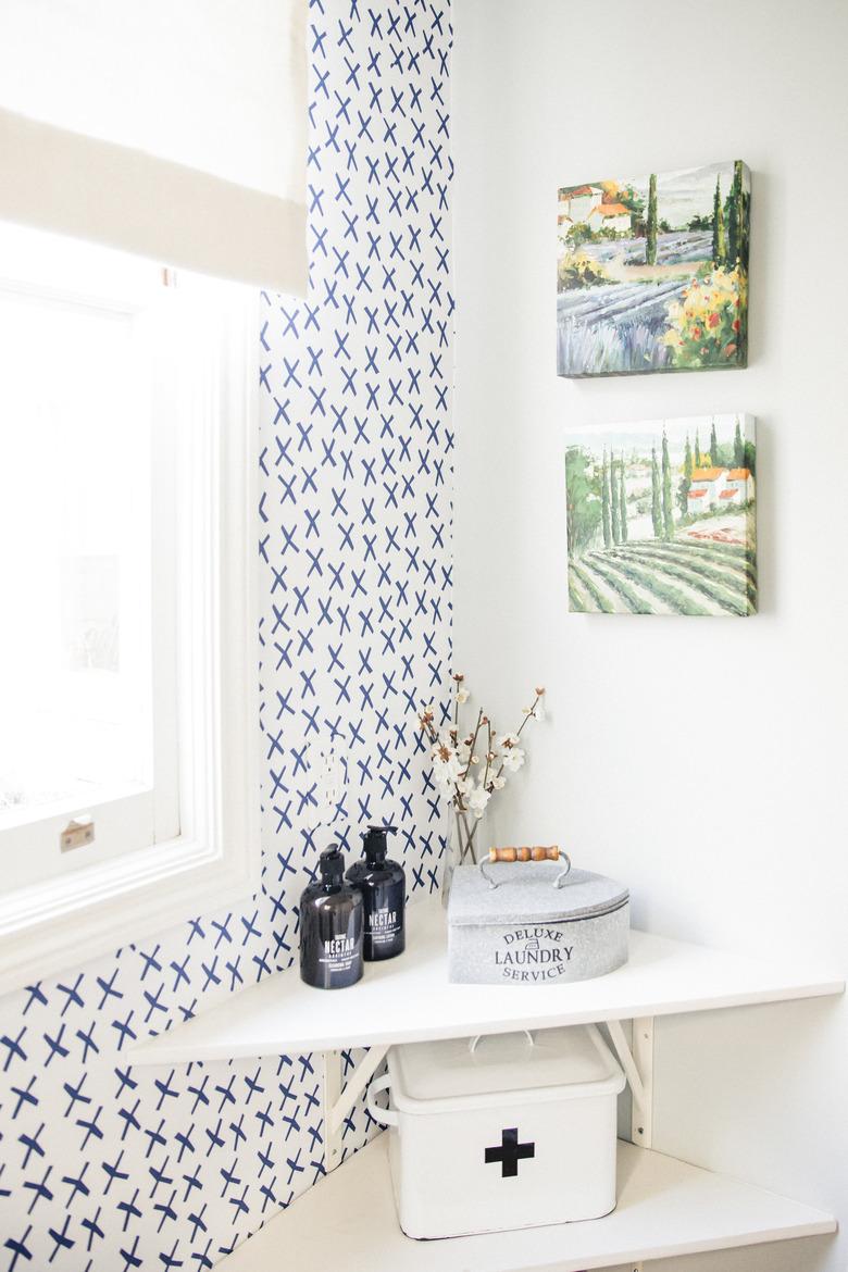 corner shelving in laundry room