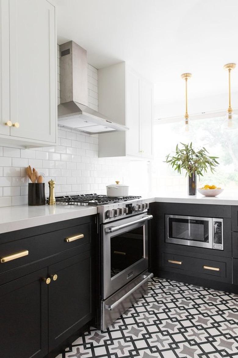 black and white L-shaped kitchen