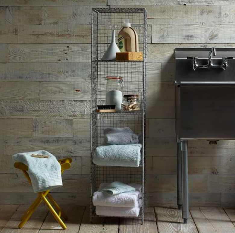 narrow vertical bathroom shelf.