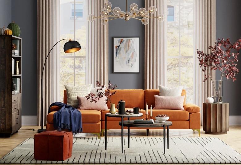 modern orange sectional in bright living room