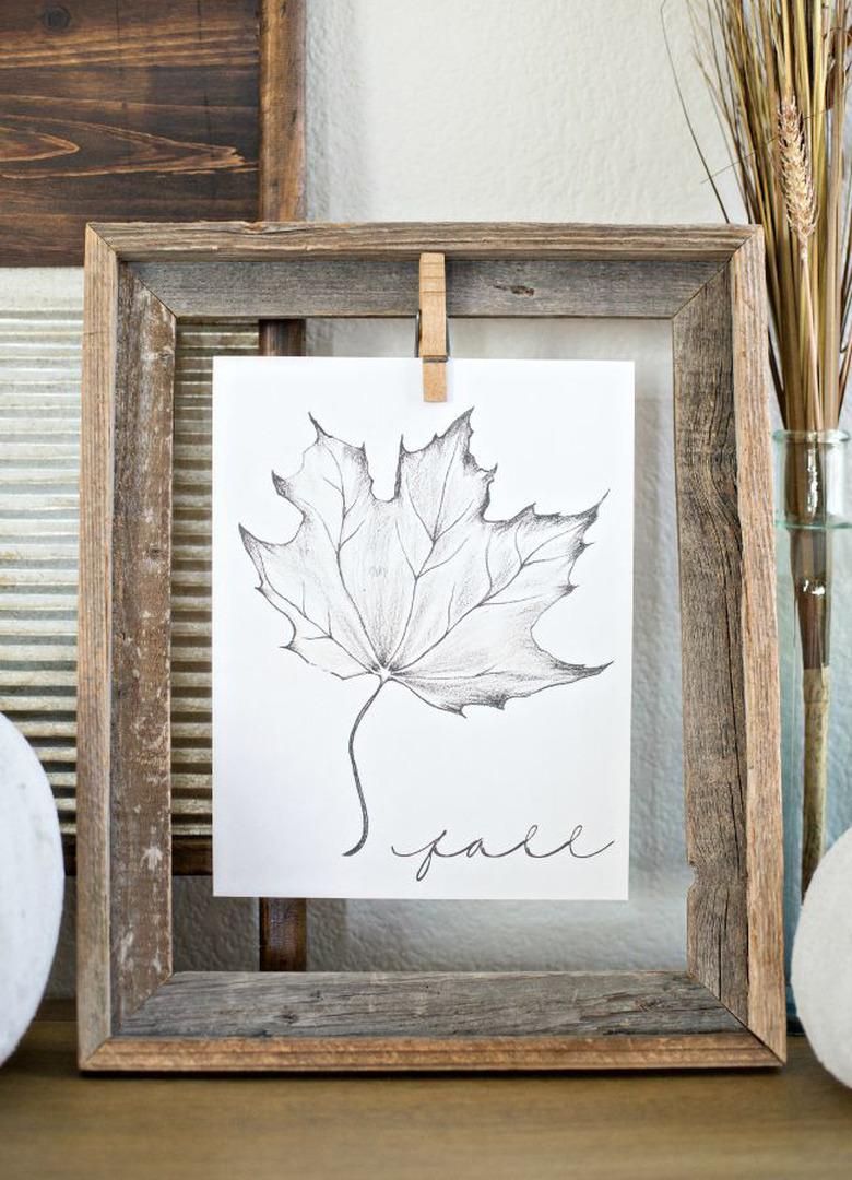 drawing of fall leaf displayed in rustic wooden frame