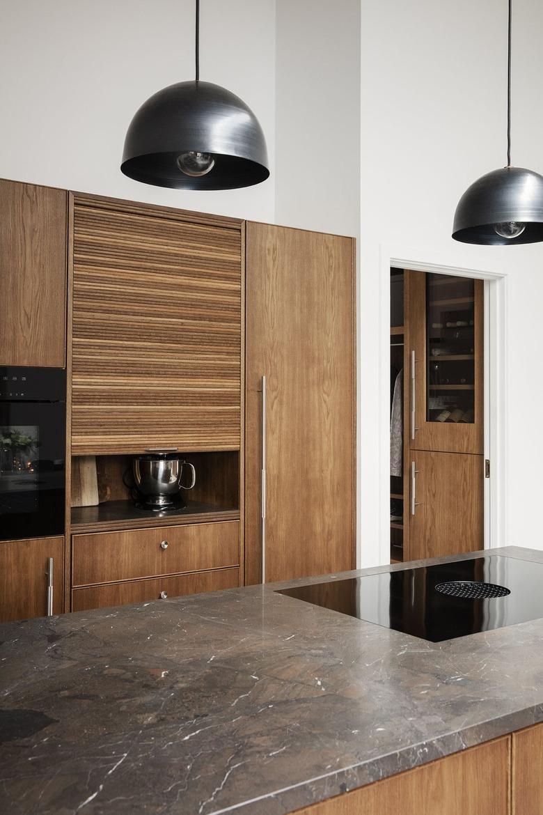 appliance garage in oak kitchen with tambour cupboard door