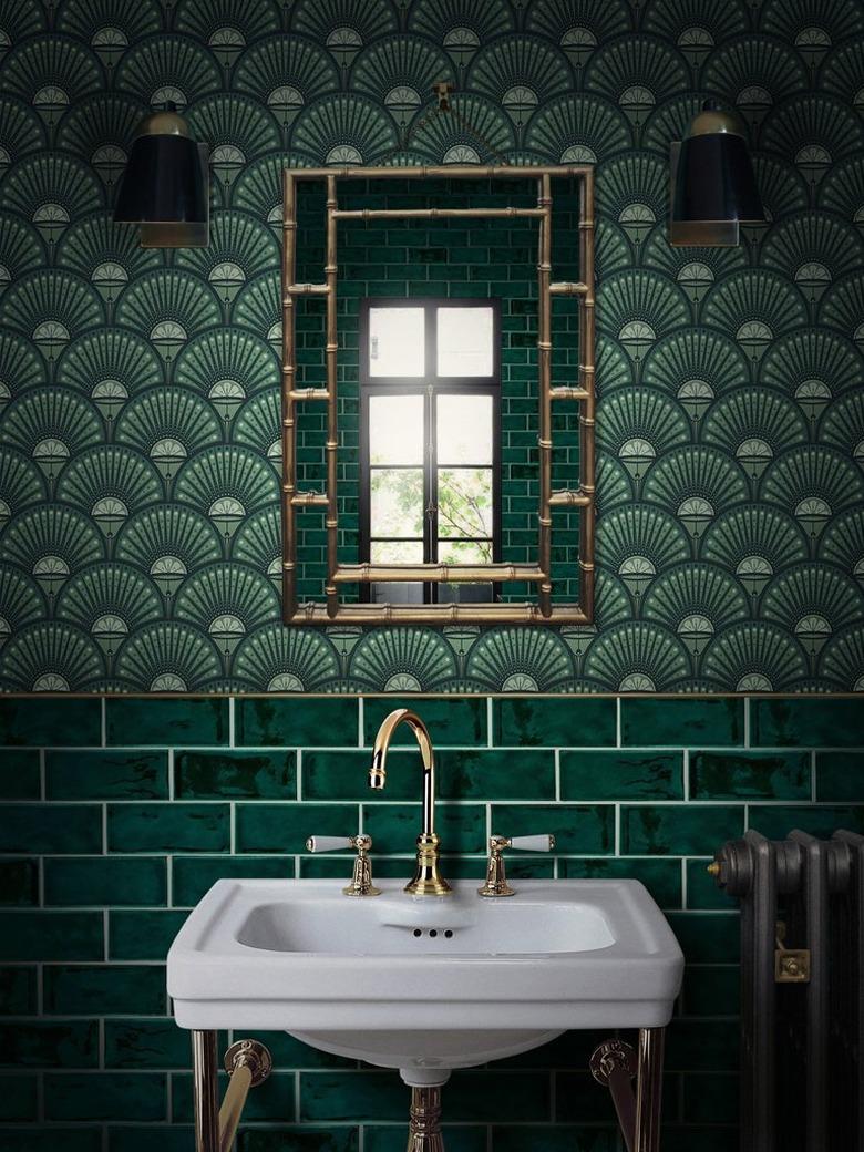 green art deco wallpaper above green subway tile backsplash