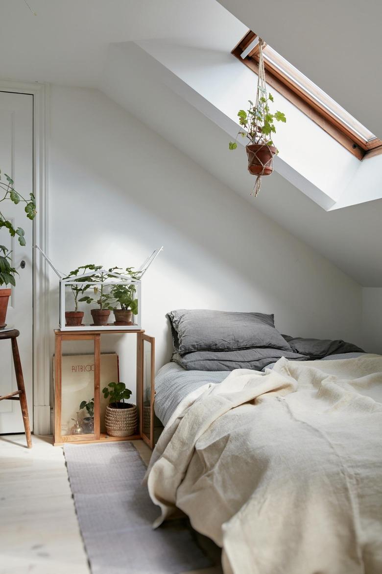 Attic bedroom idea with white walls and ceiling and houseplants