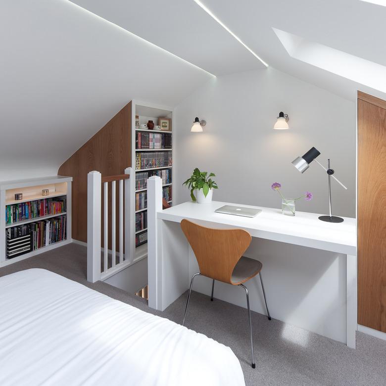 integrated white attic storage with bedroom and office