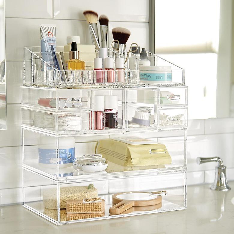 Container Store Acrylic bathroom countertop storage