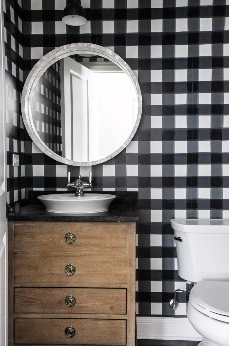 bathroom wallpaper idea with plaid wallpaper