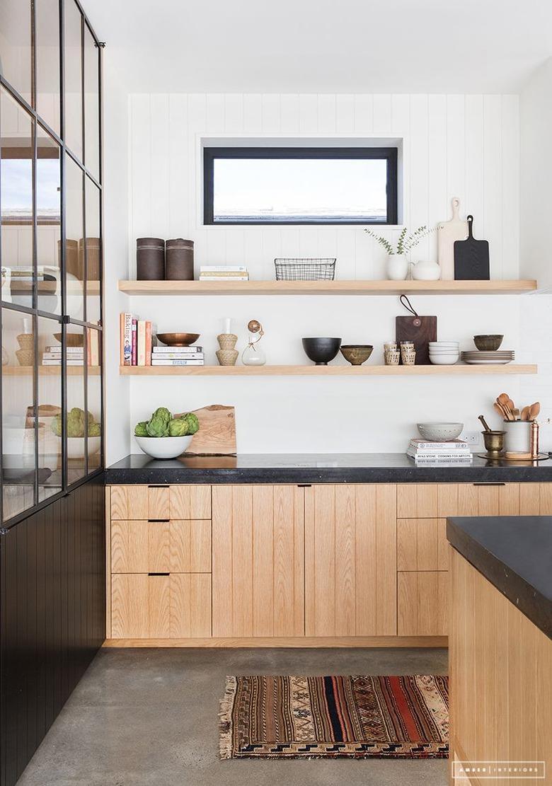 modern kitchen with wooden beadboard cabinets and open shelving