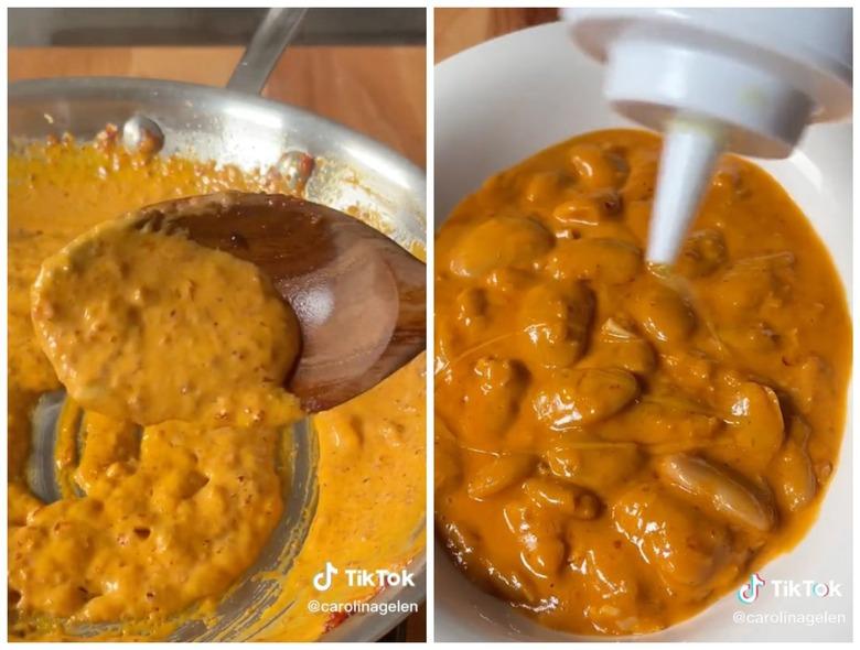 On the left is a wooden spoon scooping vodka sauce out of a skillet. On the right is a white bowl full of beans alla vodka.