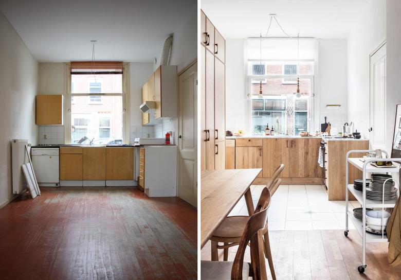 before and after of industrial wooden kitchen makeover