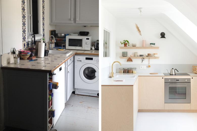 before and after of plywood kitchen makeover