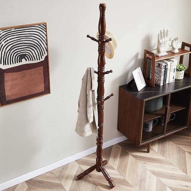 vintage-looking coat rack in entry