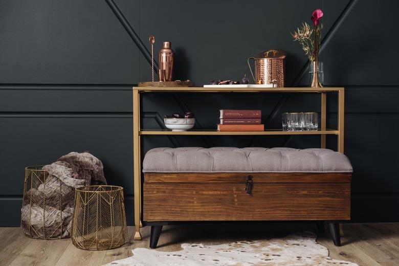 Art Deco gold wire baskets, cushion wood bench, brass cocktail sets