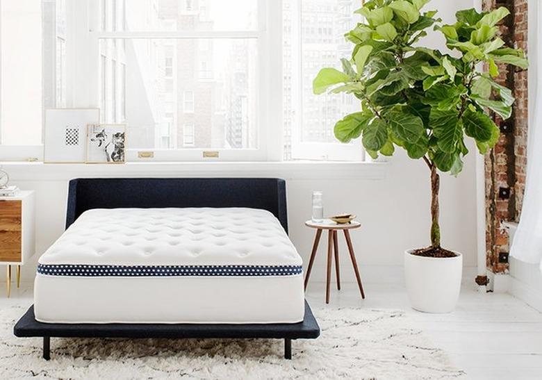 white and navy mattress in bright bedroom