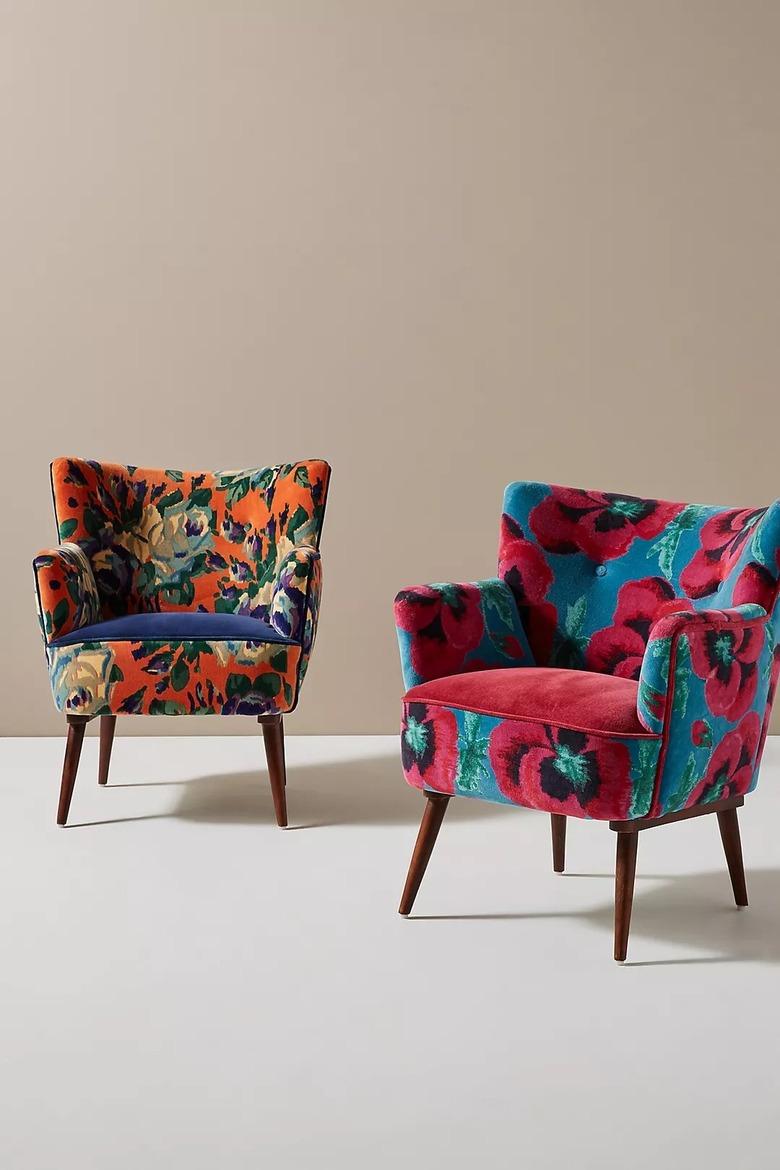 Printed velvet armchairs