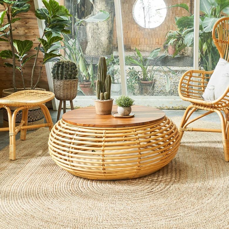 round rattan coffee table in living room