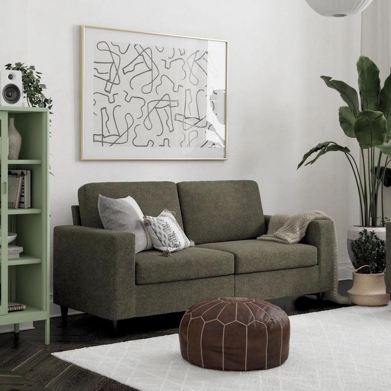 gray linen sofa in sitting room