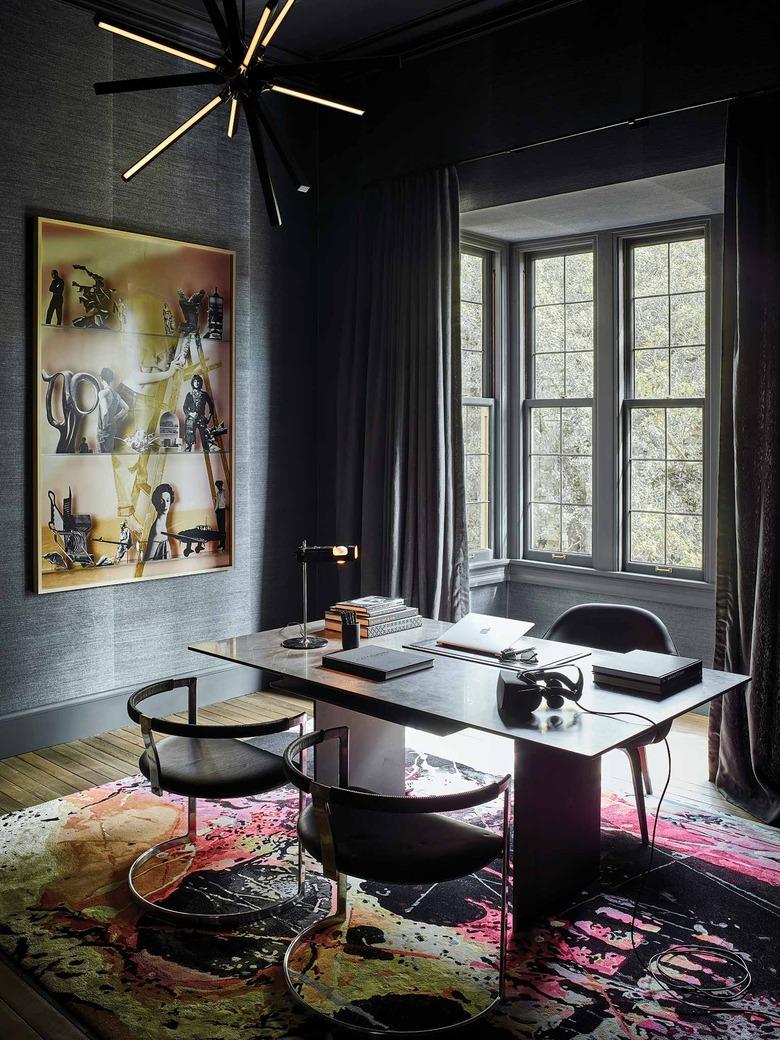 black dining room color idea with black ceiling