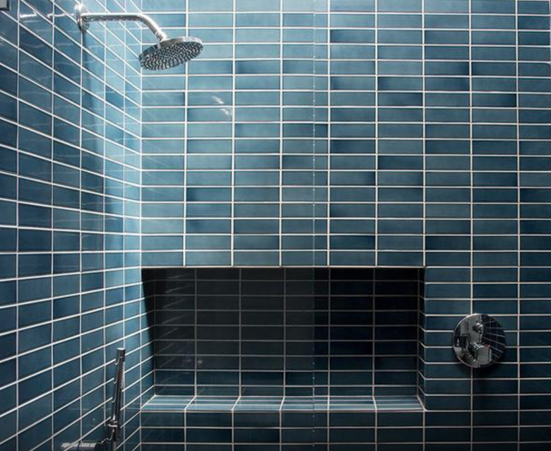 Blue steel-colored tile in modern shower.