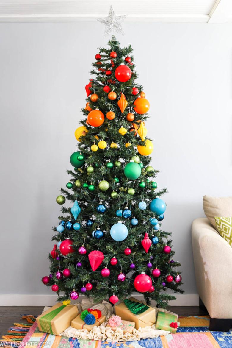 Christmas Tree Themes with rainbow ornaments