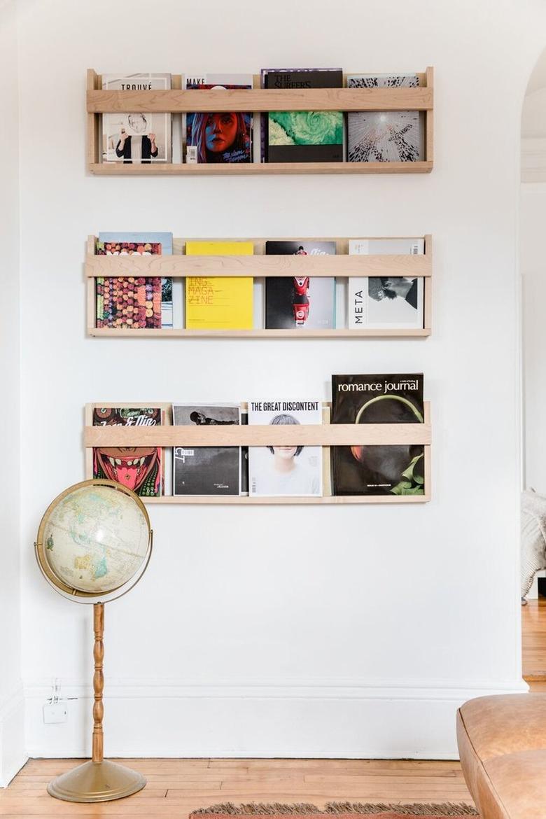 magazines stored on DIY shelves