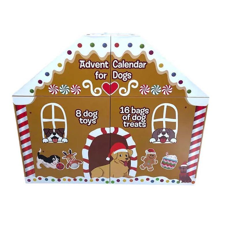 A gingerbread house shaped box, with text reading 