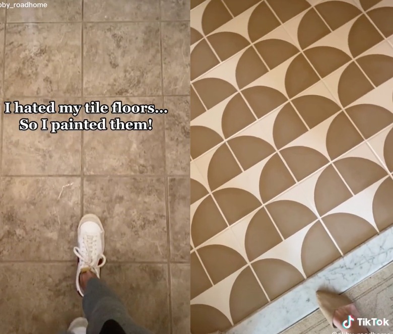 Split screen image of someone walking on old tiles on the left and refurbished tiles on the right