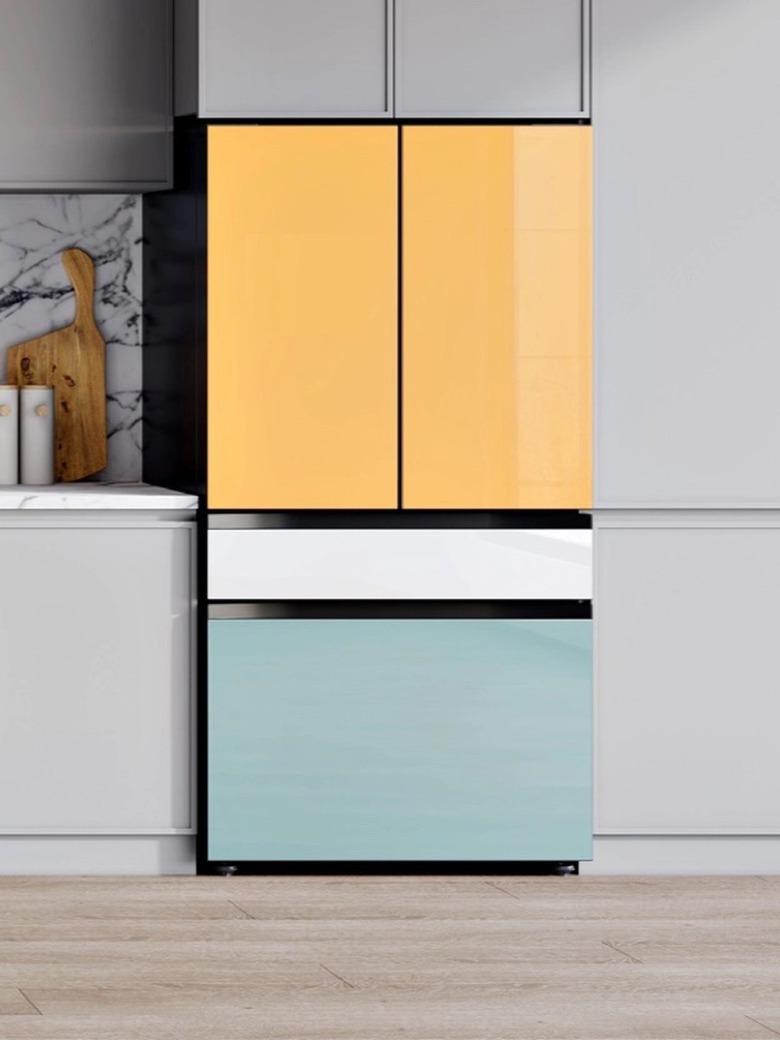 A yellow, white, and green Samsung bespoke fridge