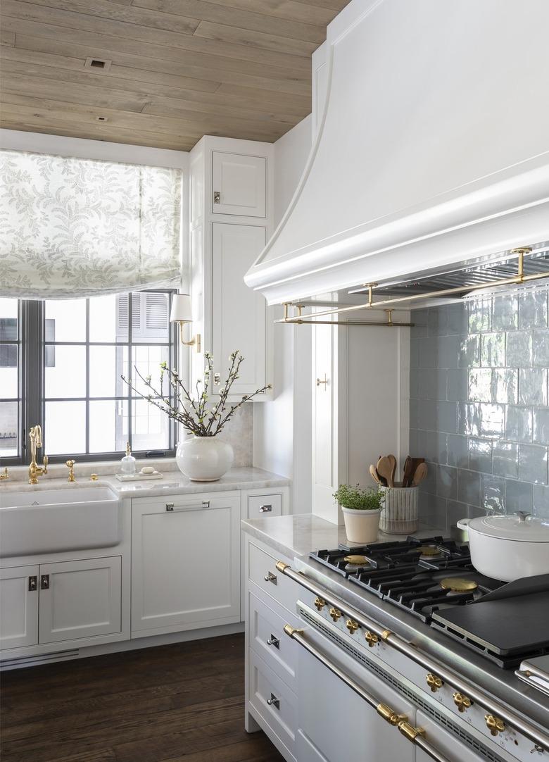 Blue kitchen backsplash in a farmhouse kitchen