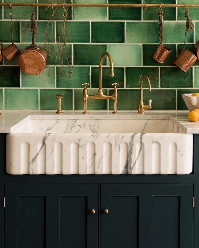 green backsplash in farmhouse kitchen