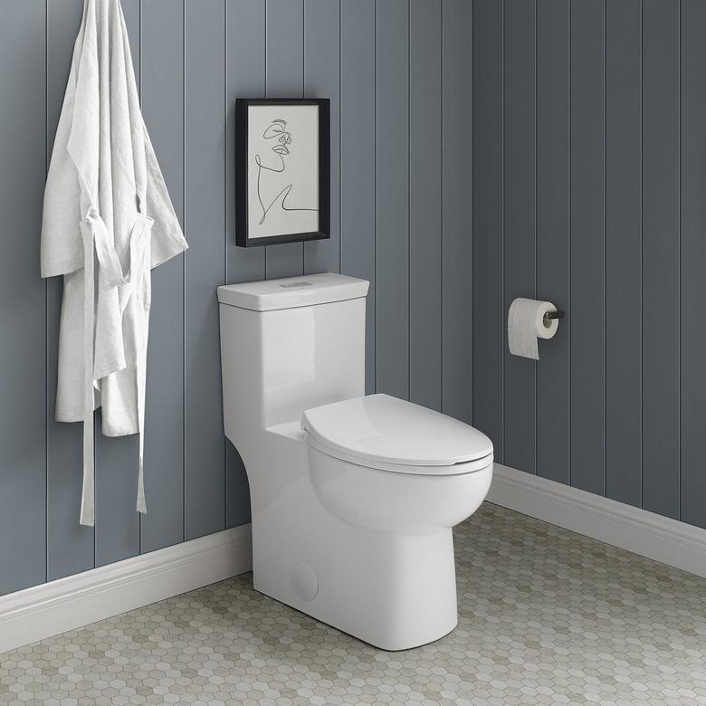 A white dual-flush toilet in a bathroom with blue paneled walls, a piece of abstract art, and a white robe hung up on the wall; a tan penny round tile is on the floo