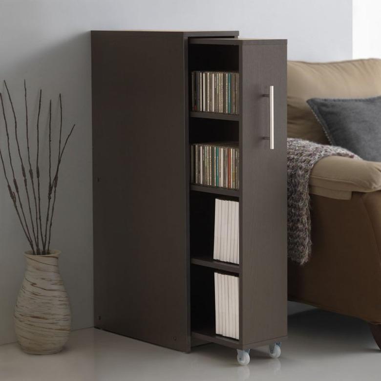 family room storage with hiding shelf