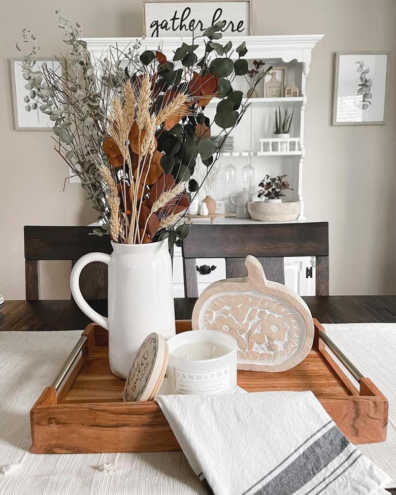 farmhouse centerpiece with ceramic pitcher vase