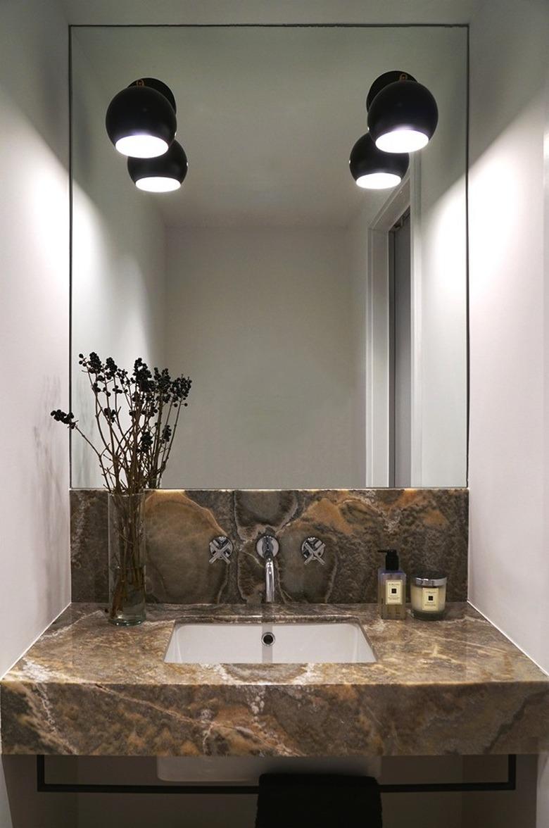 guest bathroom with custom gray smoke onyx vanity