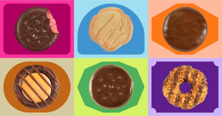 Six images of Girl Scout Cookies on different brightly-colored background.