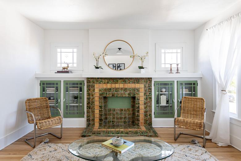 Green Room Ideas with Dusty green trim in the living room