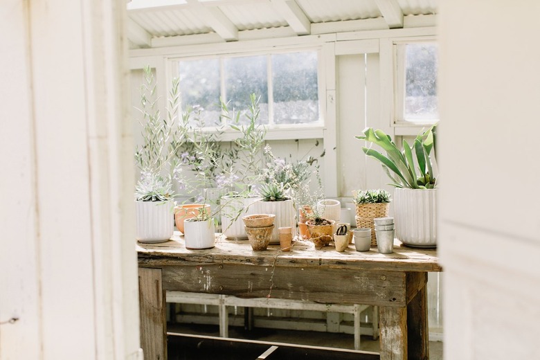 Outdoor storage and organization idea with potting shed with work table and pots with plants