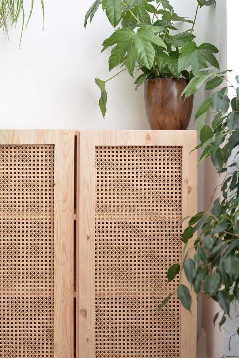 Hallway Furniture Ideas with Plywood cabinet with cane paneling in a white room with vined potted plant resting on top of cabinet