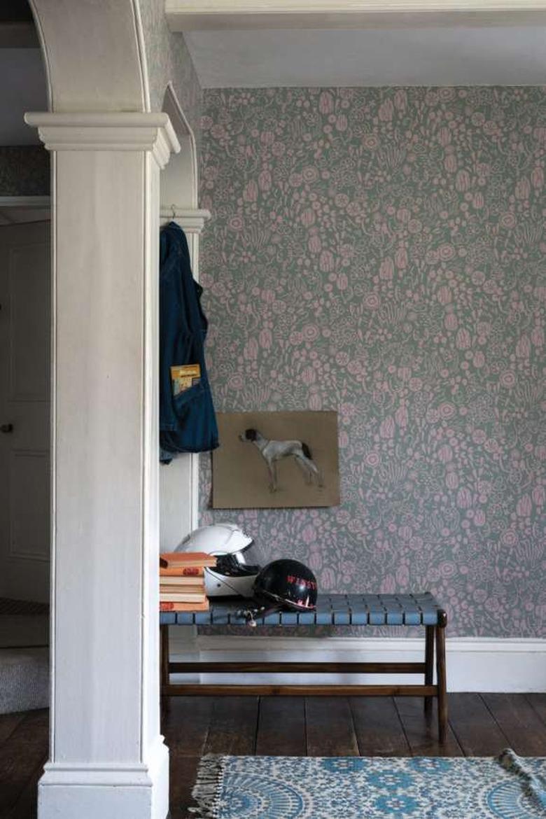 Hallway Wallpaper Ideas in entrance hallway with seating and floral wallpaper