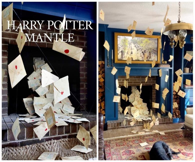 On the left is letter decorations coming out of a brick fireplace. On the right are letter decorations coming out of a brick fireplace with a dark blue wall and painting.