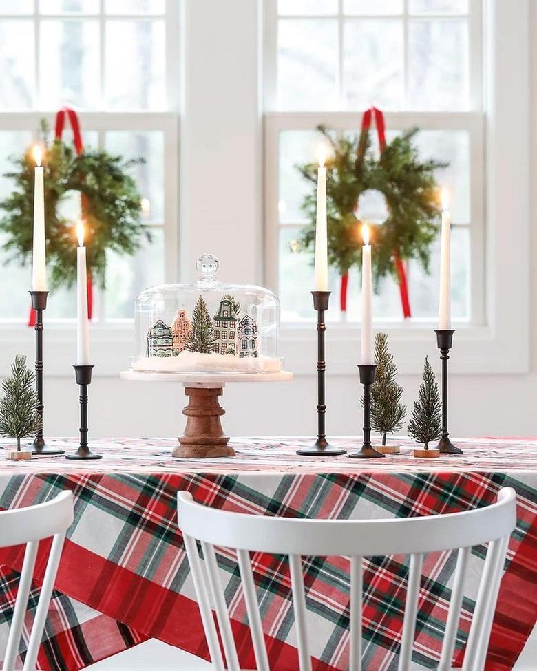 tablescape with cake-stand snowglobe centerpiece