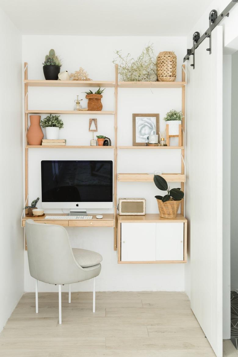 Open shelving office corner with barn sliding door with Home Office Desk Ideas