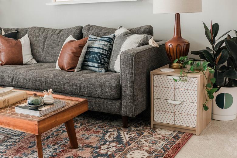 midcentury living room with two-drawer side table