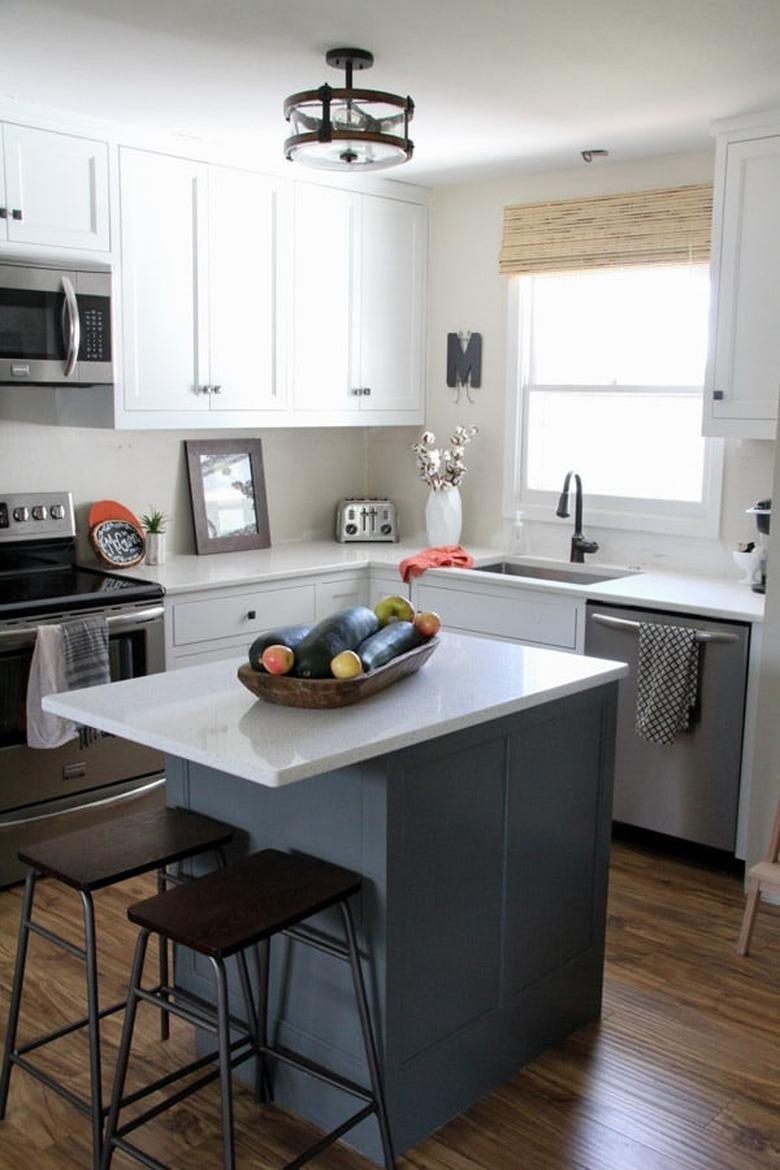 budget kitchen remodel with white cabinets and blue island