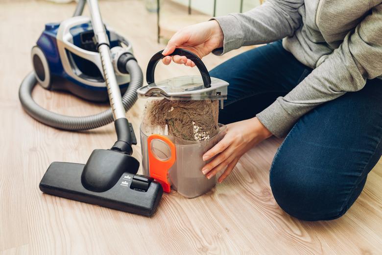 Woman opening dust filter out of vacuum cleaner at home. Hoover container full of dirt and cat's hair. Housework