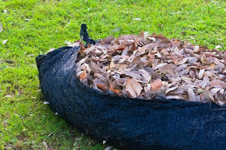 A black plastic weaved tarp, filled with brown, decaying leaves.