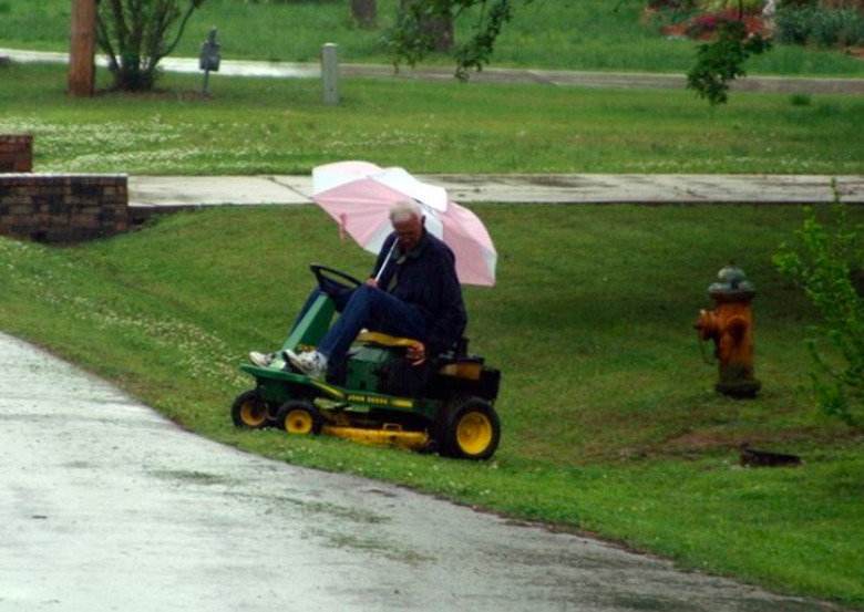 Mowing in the rain.