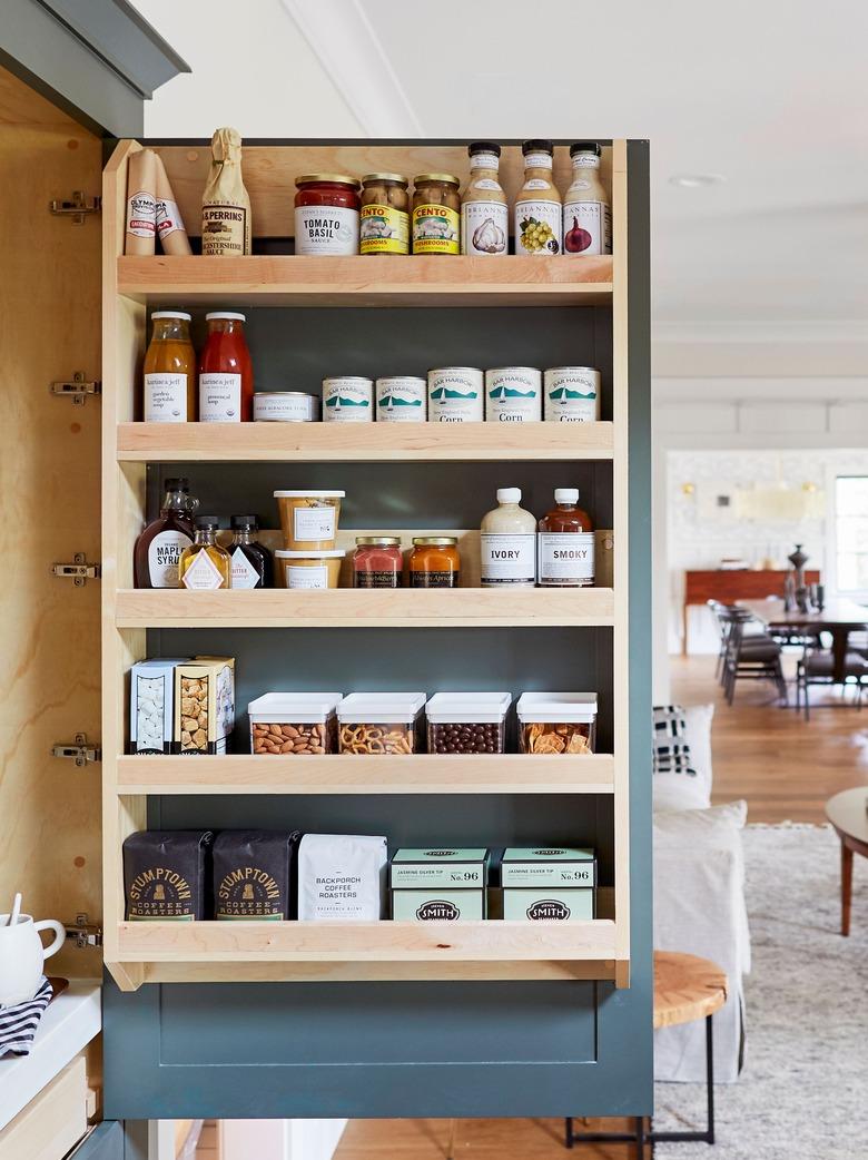 pantry with wood shelves