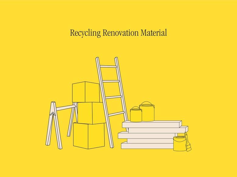 An illustration showing examples of recyclable renovation materials.